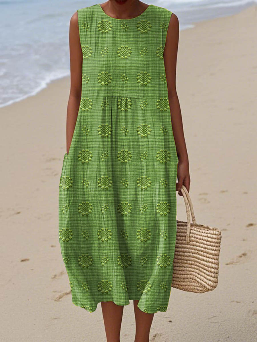 Sleeveless Midi Dress Women | Textured Embroidered Dot & Pocket Design