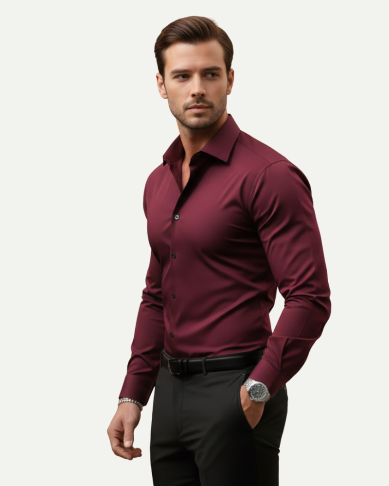 male model wearing burgundy slim fit dress shirt side profile Lubomirske