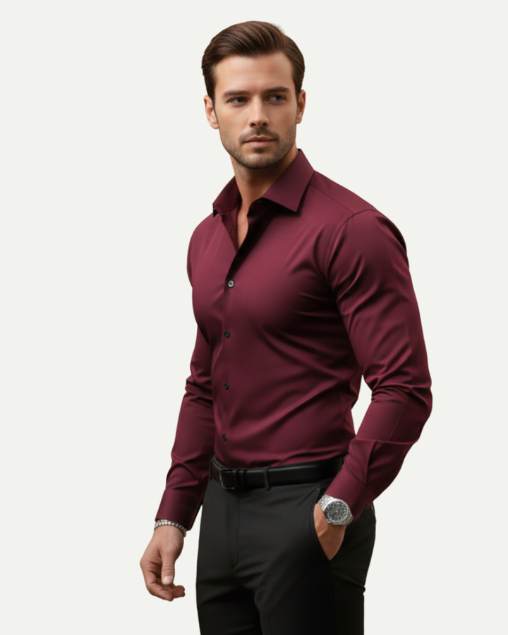 male model wearing burgundy slim fit dress shirt side profile Lubomirske