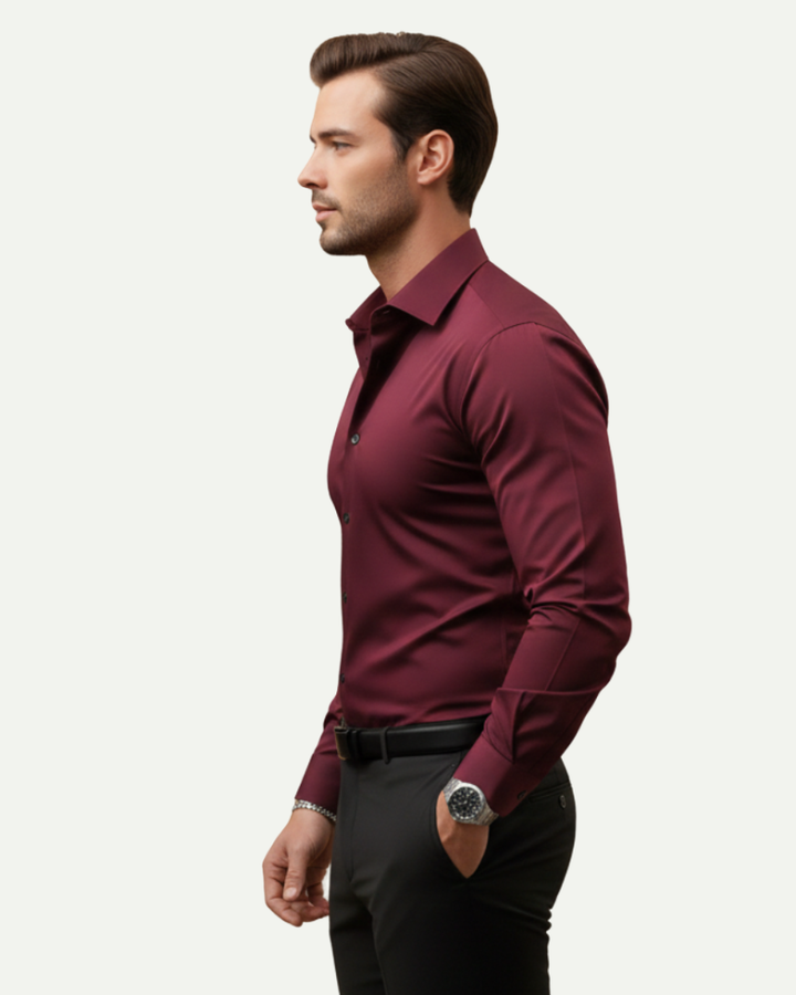 male model wearing burgundy slim fit dress shirt angled pose formal look Lubomirske
