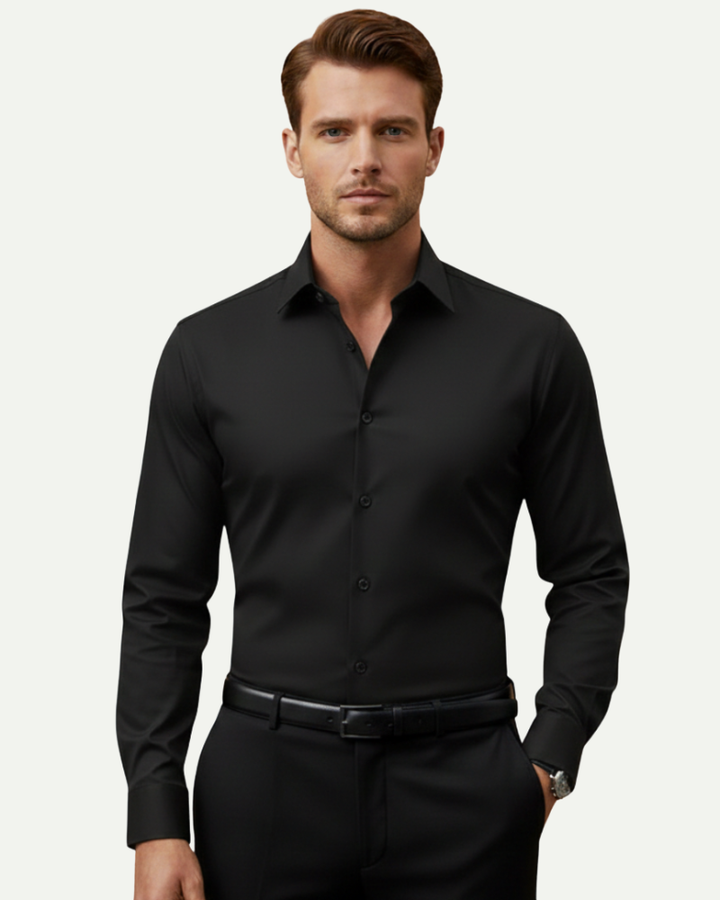 male model wearing black slim fit dress shirt contrast buttons Lubomirske
