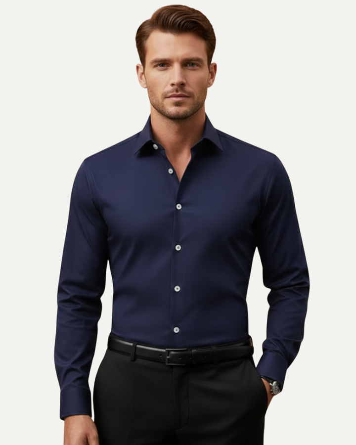 male model wearing navy slim fit dress shirt tailored fit Lubomirske