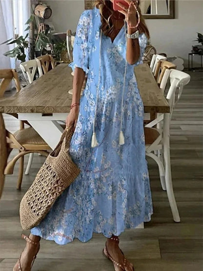 Summer Dress Women | Boho Print V-Neck & Lantern Sleeve Maxi Style