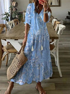 Summer Dress Women | Boho Print V-Neck & Lantern Sleeve Maxi Style
