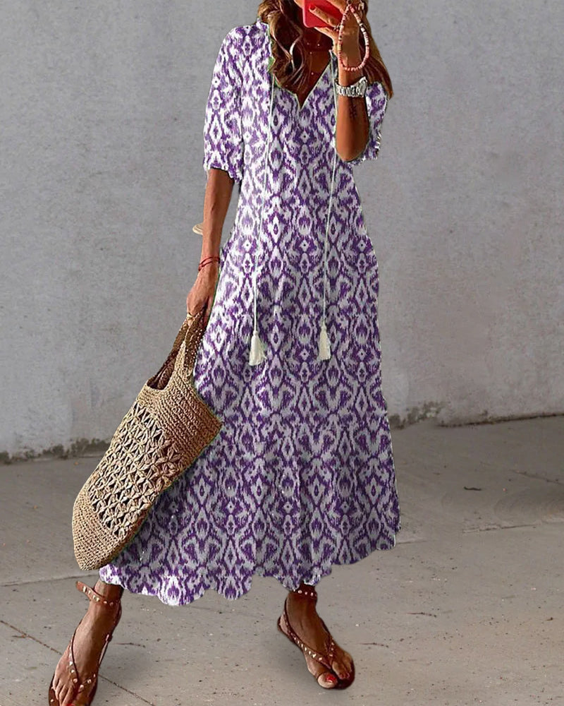 Summer Dress Women | Boho Print V-Neck &amp; Lantern Sleeve Maxi Style