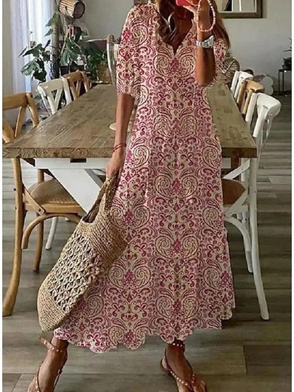 Summer Dress Women | Boho Print V-Neck &amp; Lantern Sleeve Maxi Style