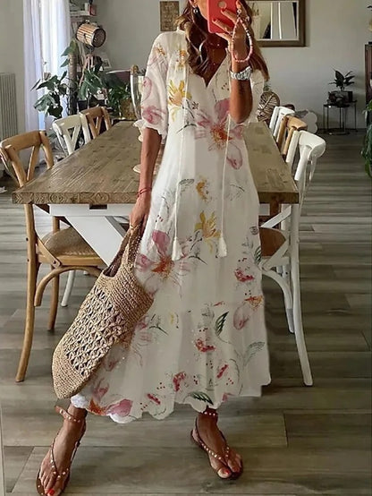 Summer Dress Women | Boho Print V-Neck & Lantern Sleeve Maxi Style