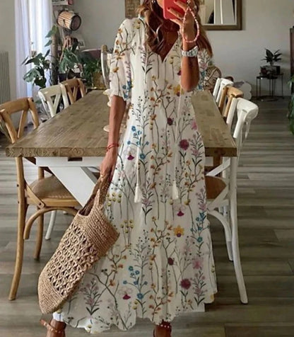Summer Dress Women | Boho Print V-Neck & Lantern Sleeve Maxi Style