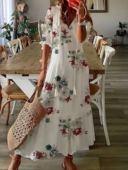 Summer Dress Women | Boho Print V-Neck & Lantern Sleeve Maxi Style