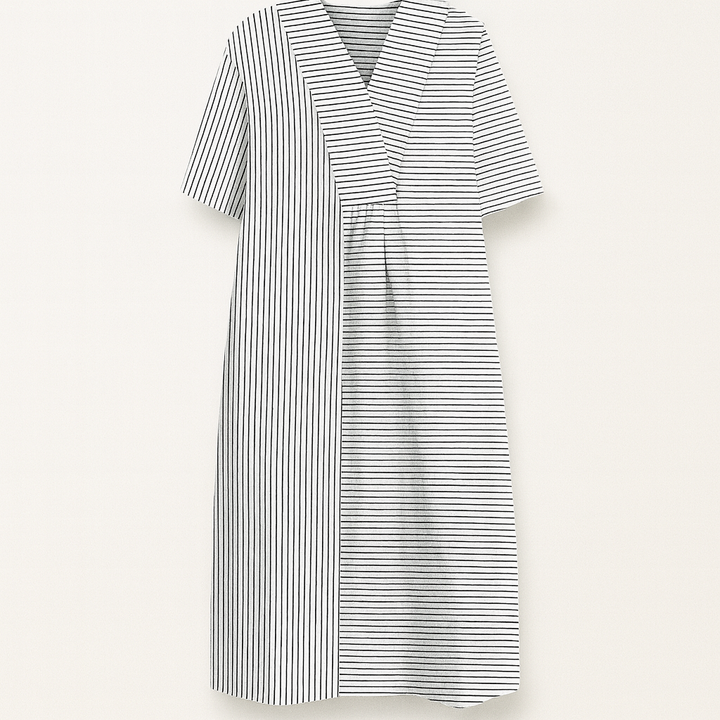 Summer Dress Women | Colour Block Stripe Print &amp; V-Neck Midi Design