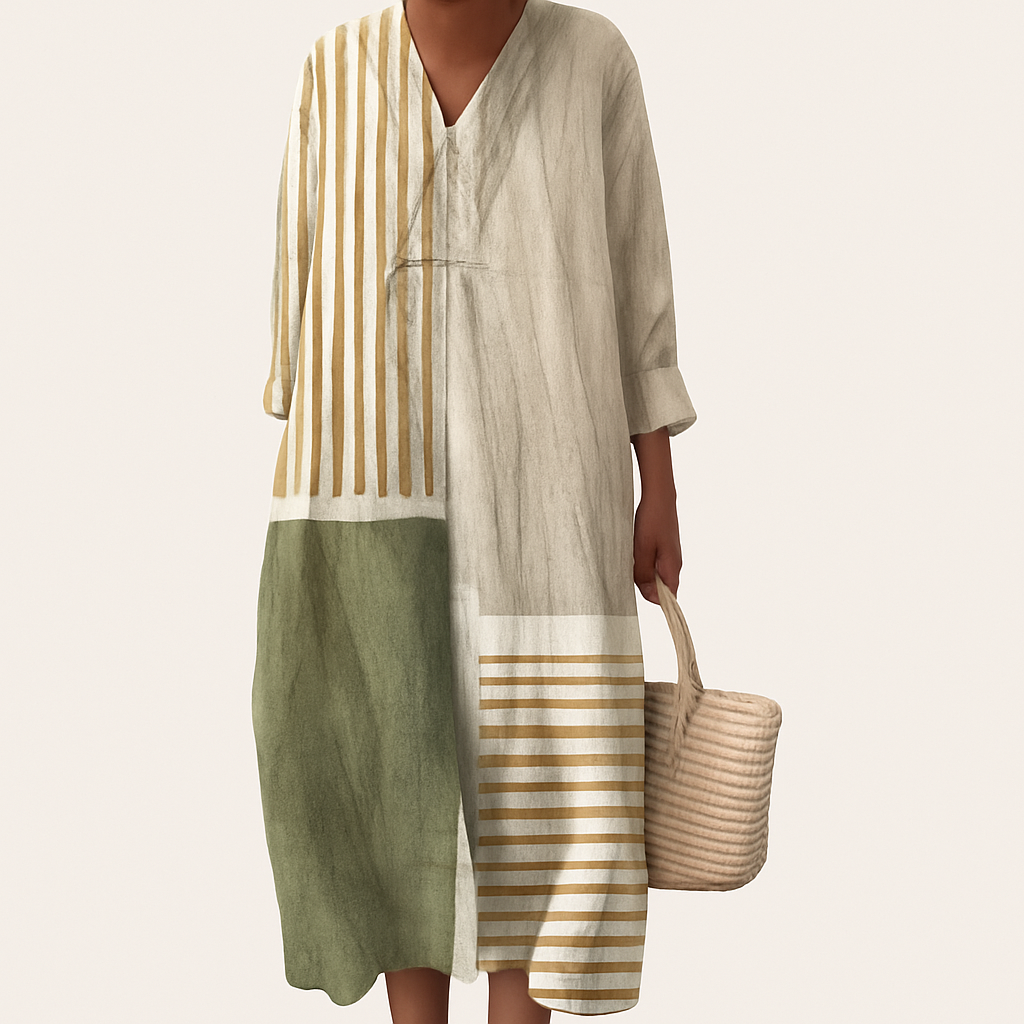 Summer Dress Women | Colour Block Stripe Print &amp; V-Neck Midi Design