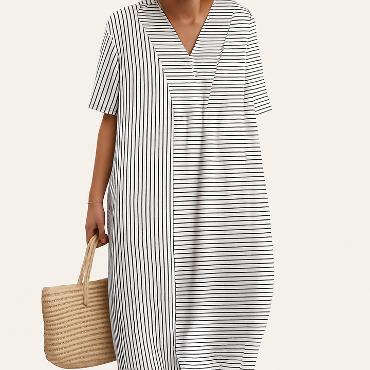 Summer Dress Women | Colour Block Stripe Print &amp; V-Neck Midi Design