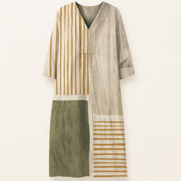 Summer Dress Women | Colour Block Stripe Print &amp; V-Neck Midi Design