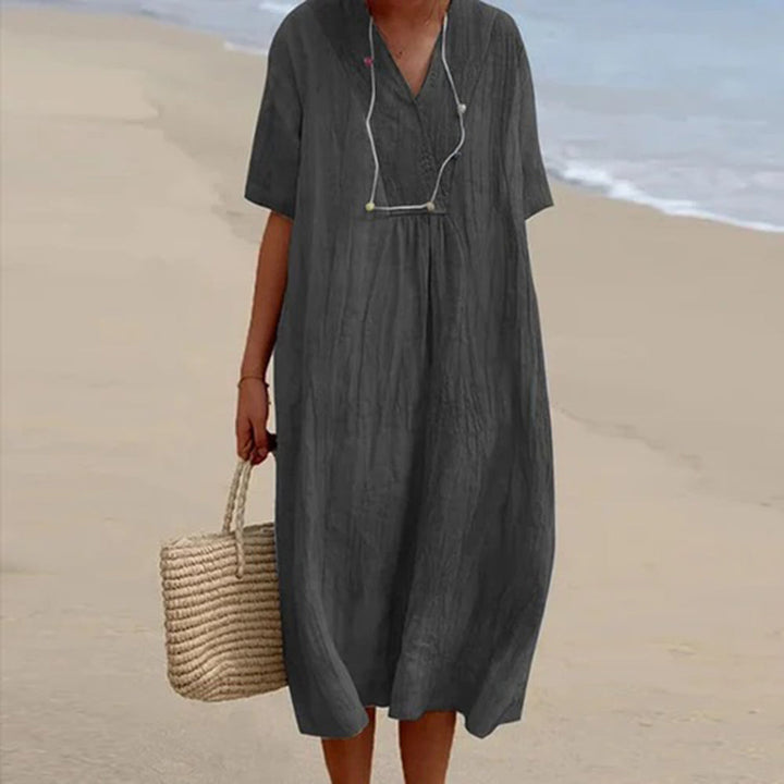 Summer Dress Women | Draped V-Neck &amp; Relaxed Midi Style for Every Occasion