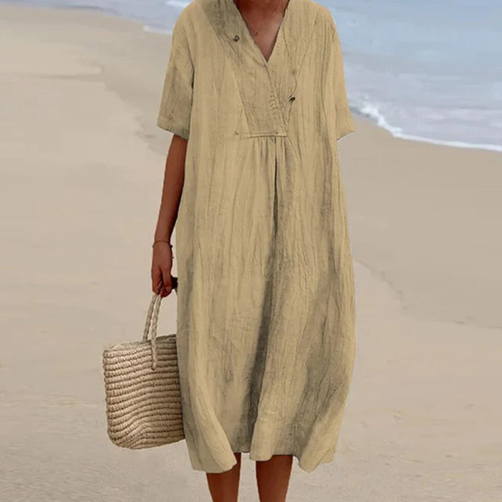 Summer Dress Women | Draped V-Neck &amp; Relaxed Midi Style for Every Occasion