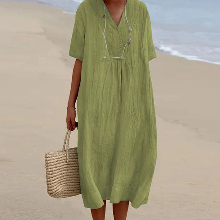 Summer Dress Women | Draped V-Neck &amp; Relaxed Midi Style for Every Occasion