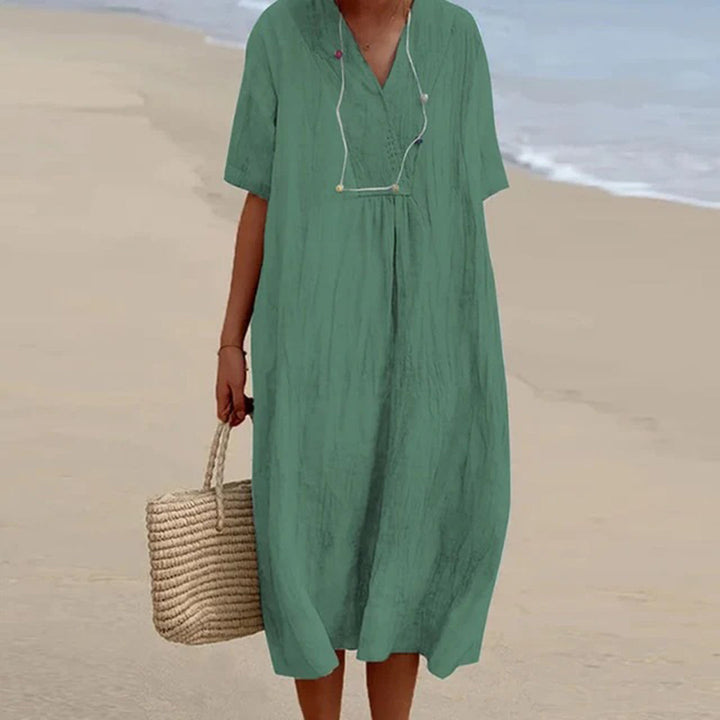 Summer Dress Women | Draped V-Neck &amp; Relaxed Midi Style for Every Occasion