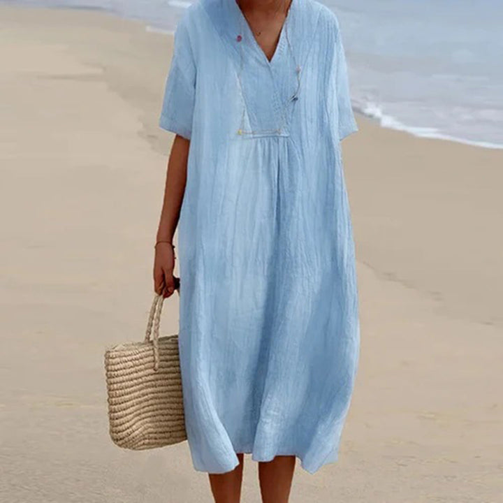 Summer Dress Women | Draped V-Neck &amp; Relaxed Midi Style for Every Occasion