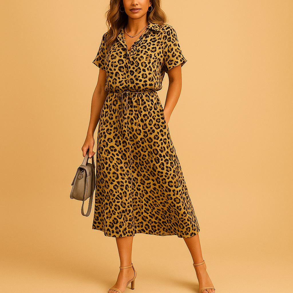 Summer Dress Women | Leopard Print Shirt Collar & A-Line Midi Style