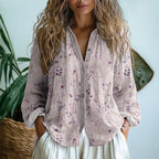 V Neck Blouse Women's | Boho Print & Contrast Trim Long Sleeve