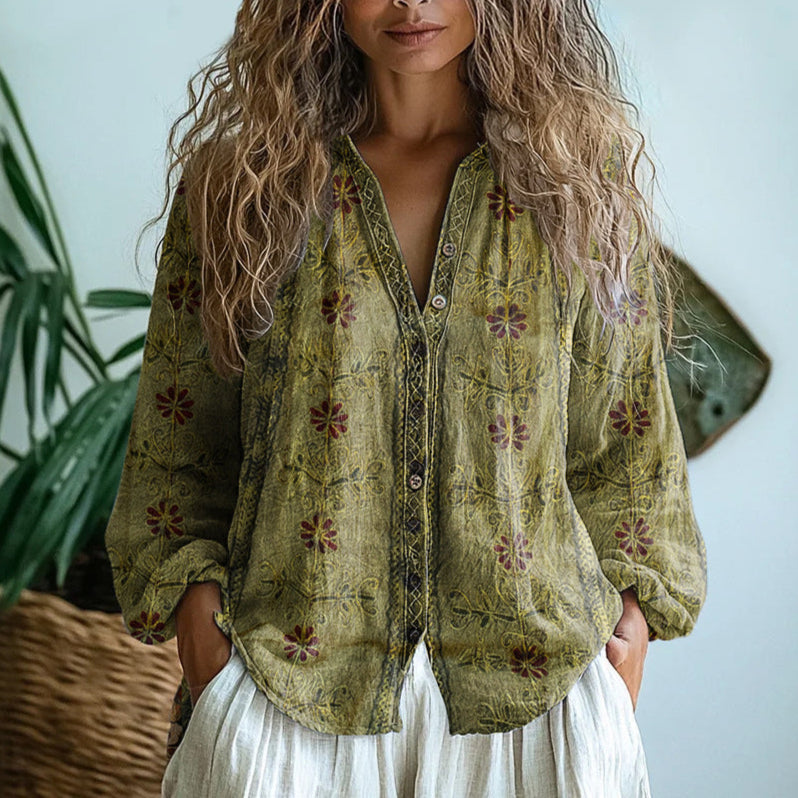 V Neck Blouse Women's | Boho Print & Contrast Trim Long Sleeve