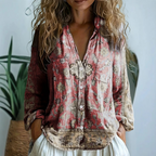 V Neck Blouse Women's | Boho Print & Contrast Trim Long Sleeve