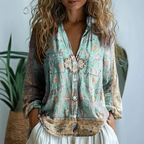 V Neck Blouse Women's | Boho Print & Contrast Trim Long Sleeve