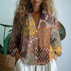 V Neck Blouse Women's | Boho Print & Contrast Trim Long Sleeve