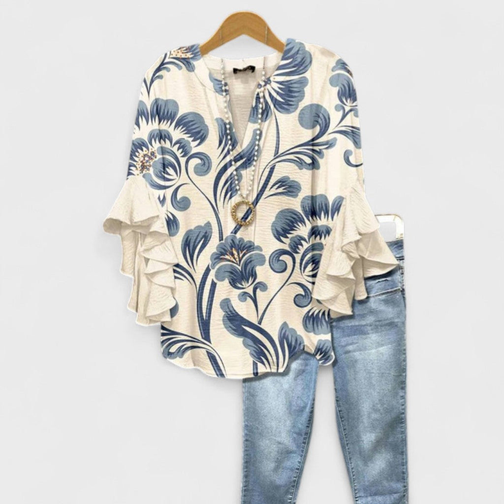 V Neck Blouse Women's | Floral Print & Tiered Ruffle Sleeve
