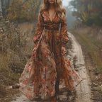 V Neck Maxi Dress Women's | Bohemian Floral Embroidered
