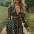 V Neck Maxi Dress Women's | Bohemian Floral Embroidered