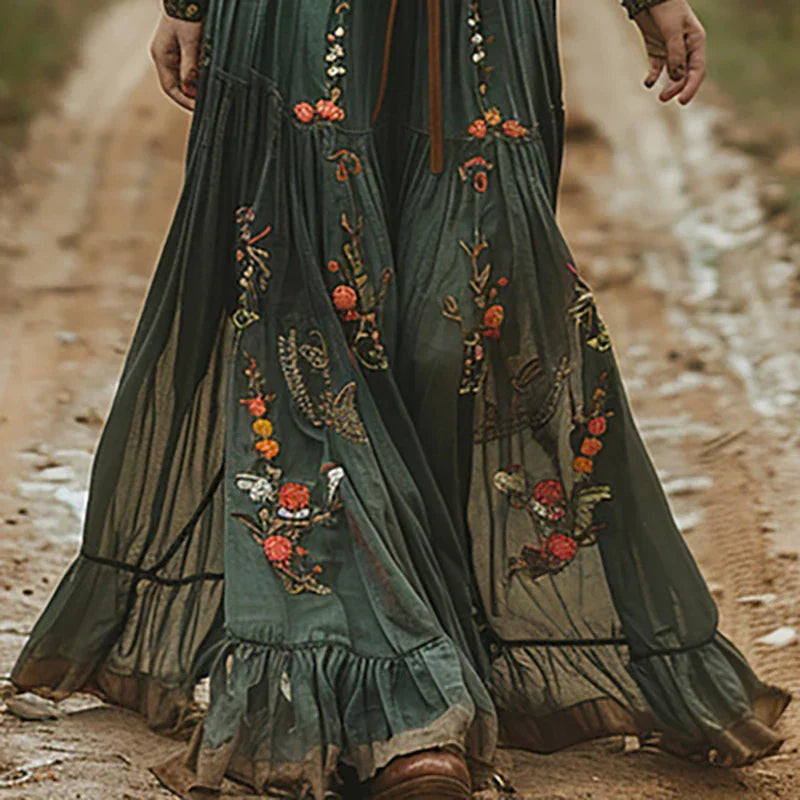 V Neck Maxi Dress Women's | Bohemian Floral Embroidered