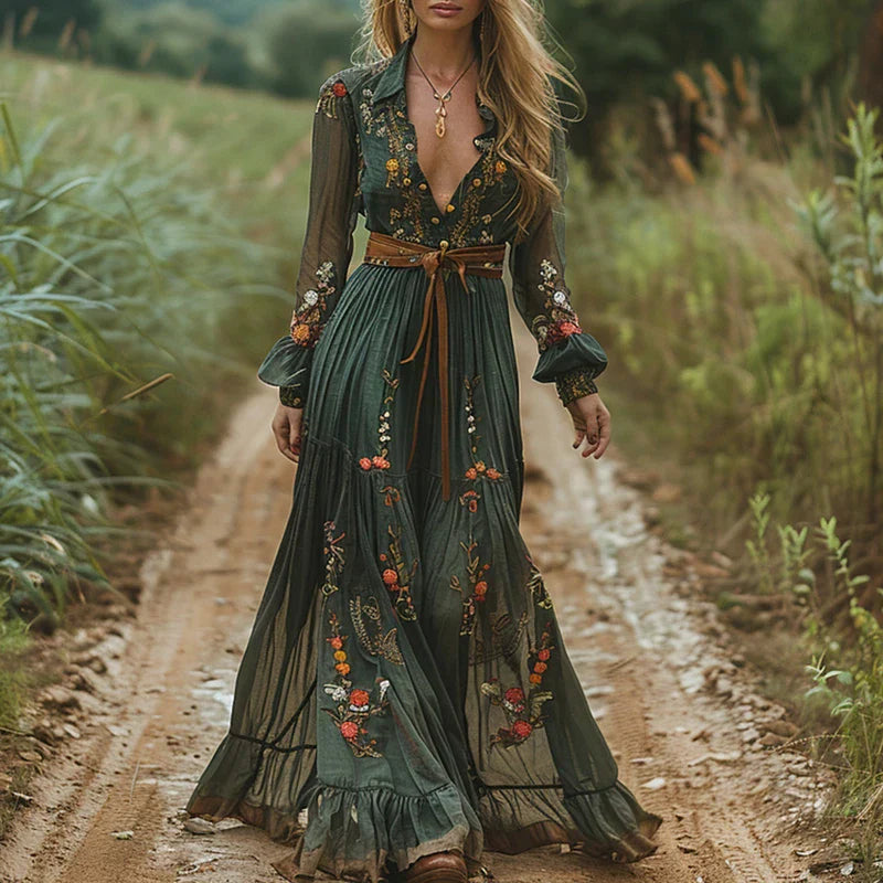 V Neck Maxi Dress Women's | Bohemian Floral Embroidered