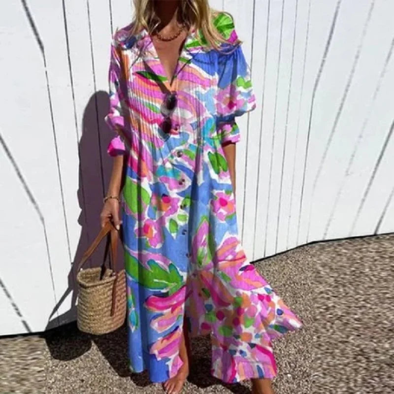 V Neck Maxi Dress Women's | Bold Artistic Floral Print & Flowing Tiered Hem