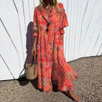 V Neck Maxi Dress Women's | Bold Artistic Floral Print & Flowing Tiered Hem