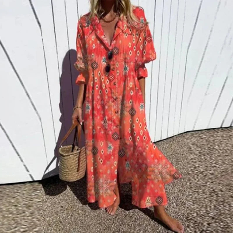 V Neck Maxi Dress Women's | Bold Artistic Floral Print & Flowing Tiered Hem