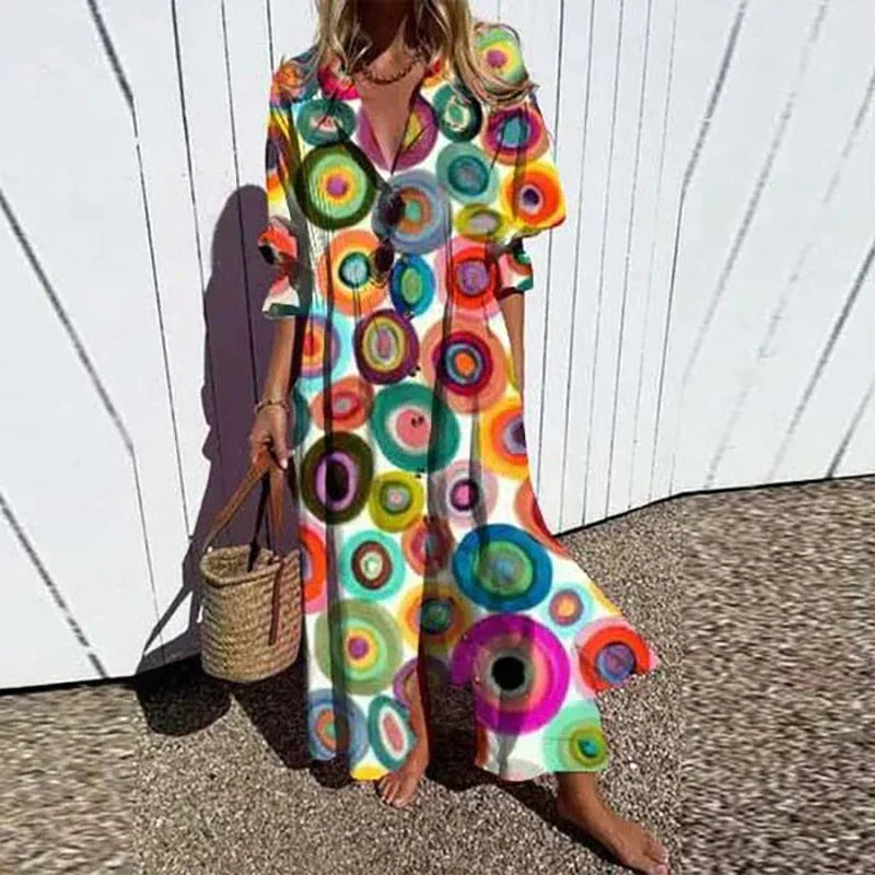 V Neck Maxi Dress Women's | Bold Artistic Floral Print & Flowing Tiered Hem