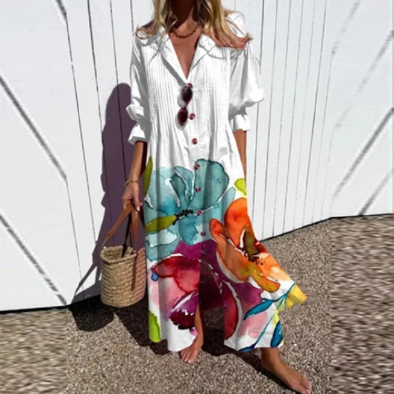 V Neck Maxi Dress Women's | Bold Artistic Floral Print & Flowing Tiered Hem
