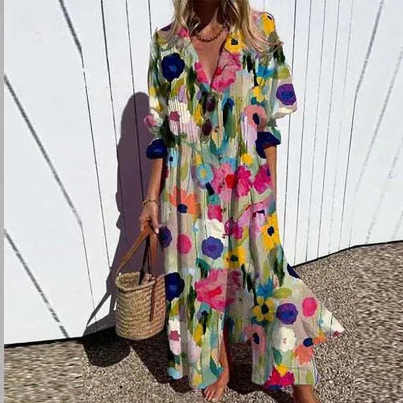 V Neck Maxi Dress Women's | Bold Artistic Floral Print & Flowing Tiered Hem