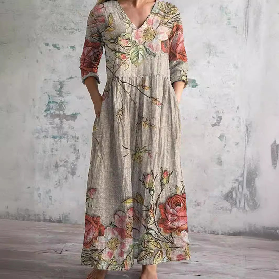 V Neck Maxi Dress Women's | Vintage Floral Print