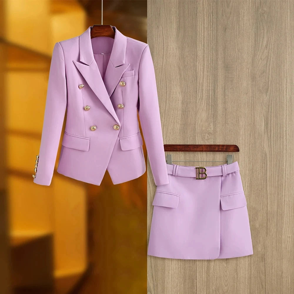 Women Two Piece Set | Double-Breasted Blazer & Mini Skirt