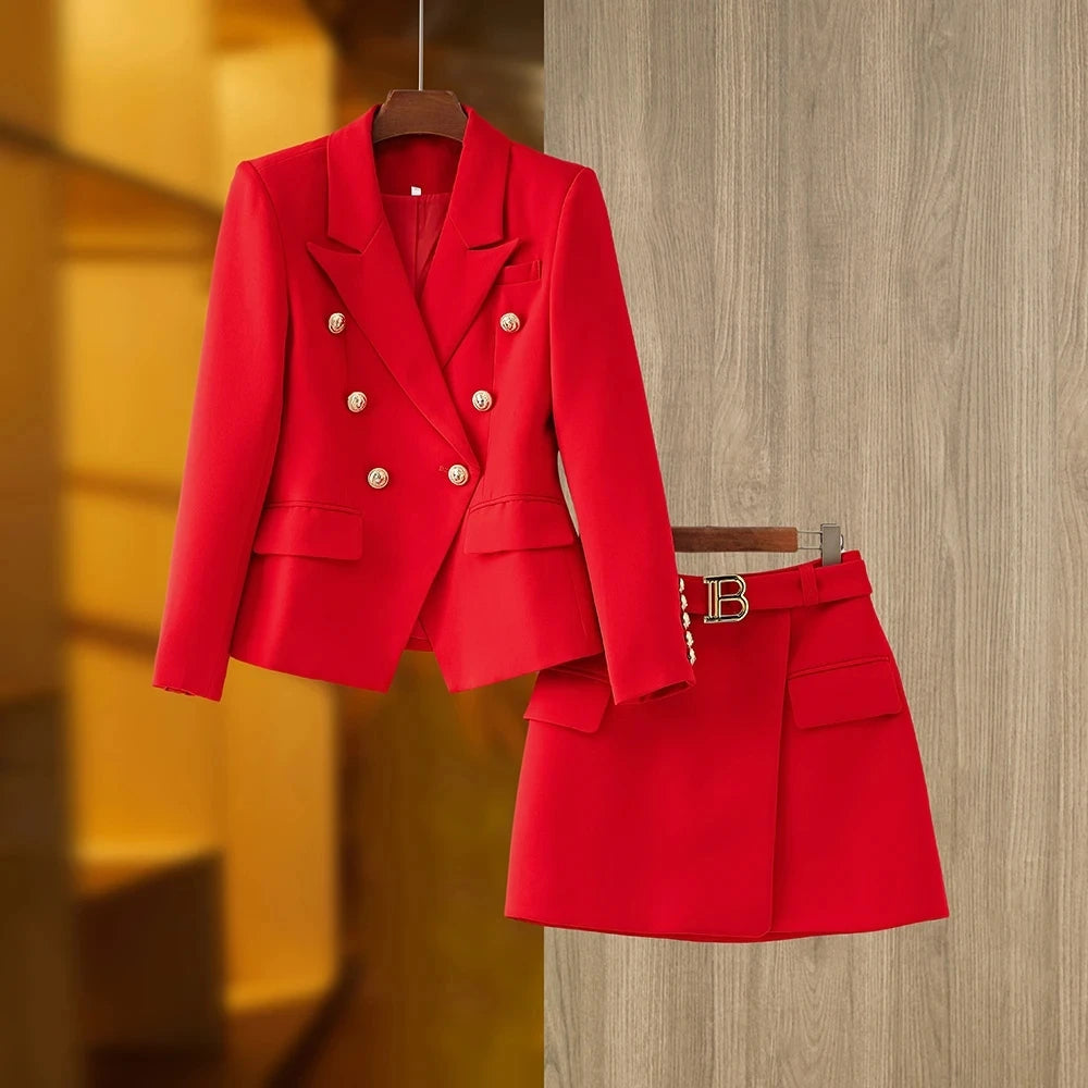 Women Two Piece Set | Double-Breasted Blazer & Mini Skirt