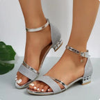 Women's Block Heel Sandals | Jewelled Heel & Metallic Ankle Strap