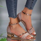 Women's Block Heel Sandals | Jewelled Heel & Metallic Ankle Strap