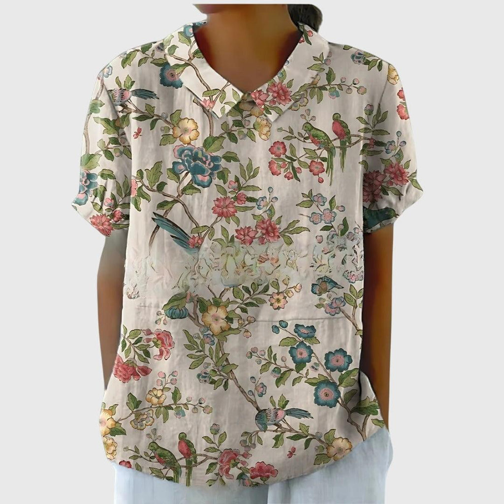 Women's Blouse | Floral Embroidered Collar & Short Sleeve