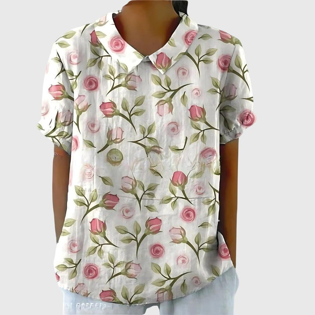 Women's Blouse | Floral Embroidered Collar & Short Sleeve