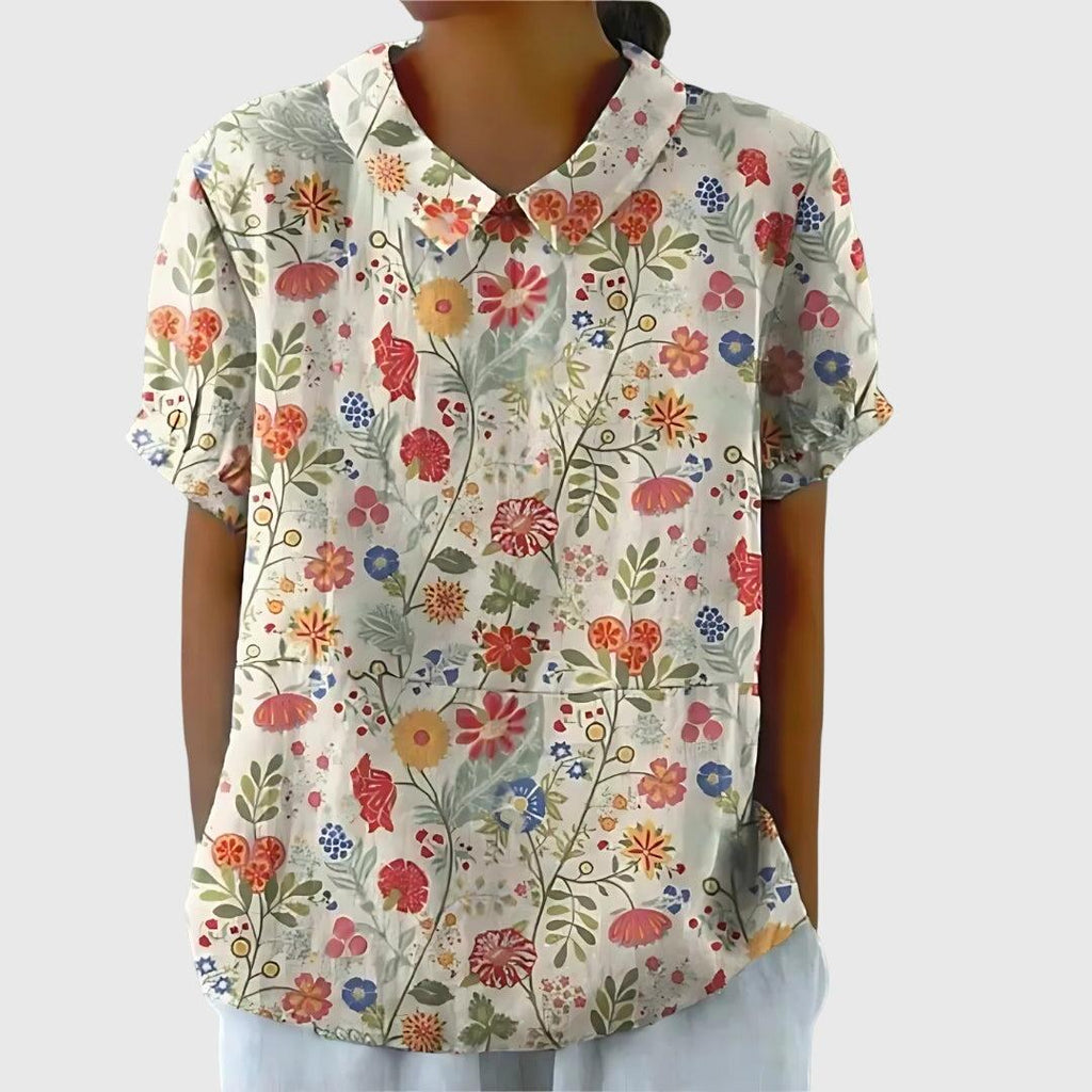 Women's Blouse | Floral Embroidered Collar & Short Sleeve