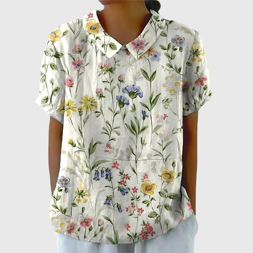 Women's Blouse | Floral Embroidered Collar & Short Sleeve