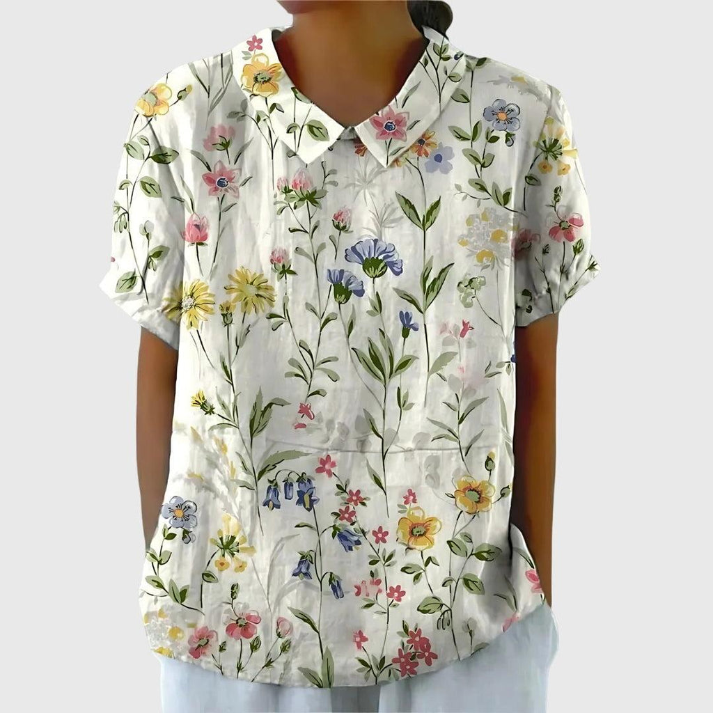 Women's Blouse | Floral Embroidered Collar & Short Sleeve
