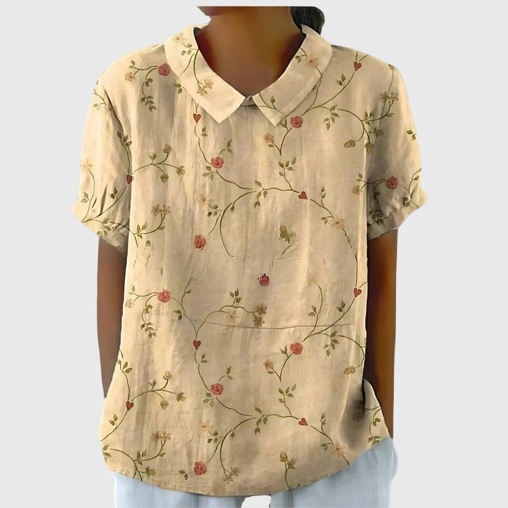 Women's Blouse | Floral Embroidered Collar & Short Sleeve